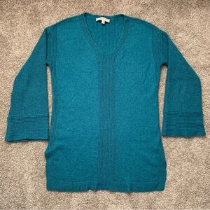 Ann Taylor LOFT Teal Blue Bell Sleeve Italian Wool Yarn Tunic Sweater Medium